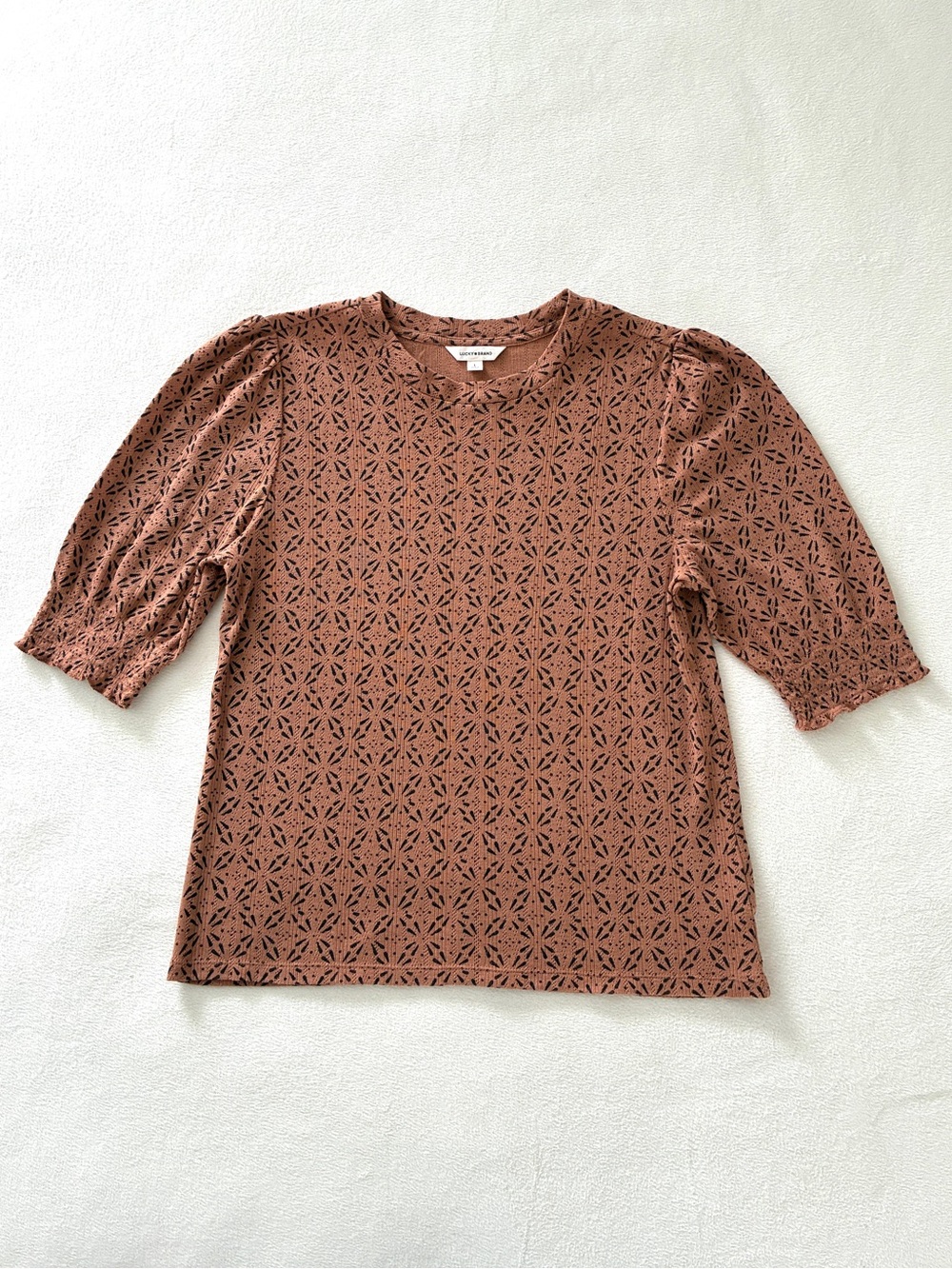 Lucky Brand Top L Brown Black Geometric Print Fall Autumn Shirt Casual Boho